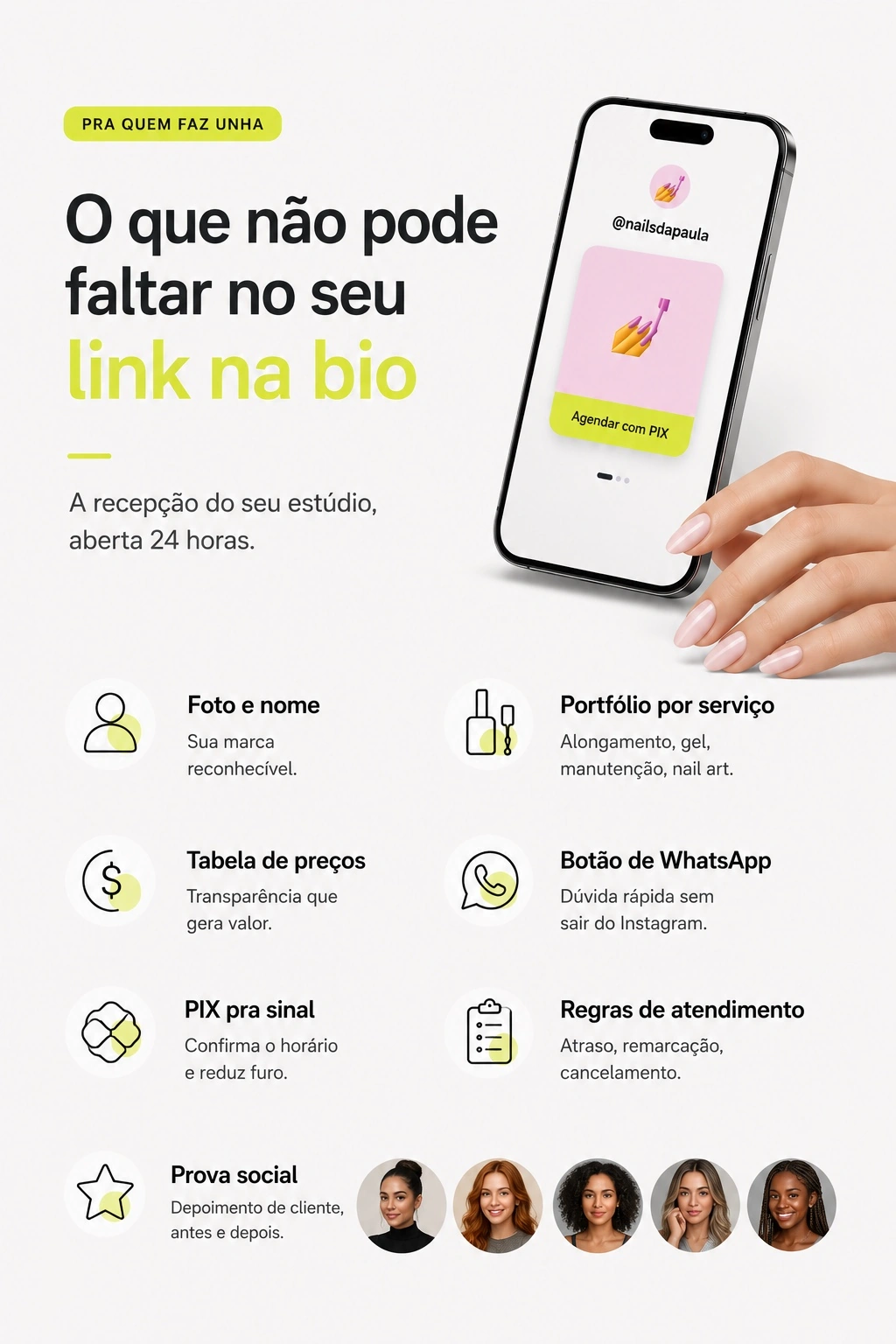 Infográfico: os sete itens que não podem faltar no link na bio de uma manicure, foto e nome, portfólio por serviço, tabela de preços, botão de WhatsApp, PIX pra sinal, regras de atendimento e prova social